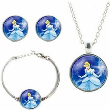 Princess Cinderella Glass Domed Pendant Necklace Earring  Bracelet Jewelry Set