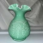 New ListingFenton Aqua/ Teal Overlay Glass Wild Rose & Bowknot Bow Knot Vase 7 1/2" Tall