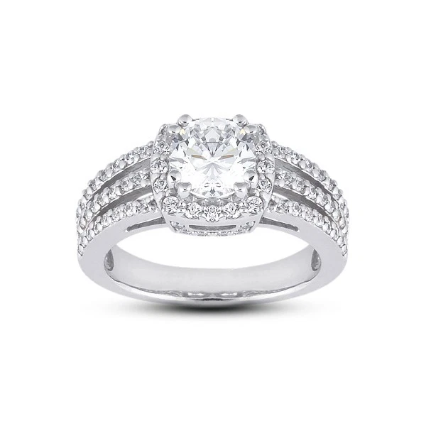 Anillo de piedra lateral con halo de diamantes naturales de corte redondo D SI1 de 1 3/4 quilates con halo Foto 3 de 3