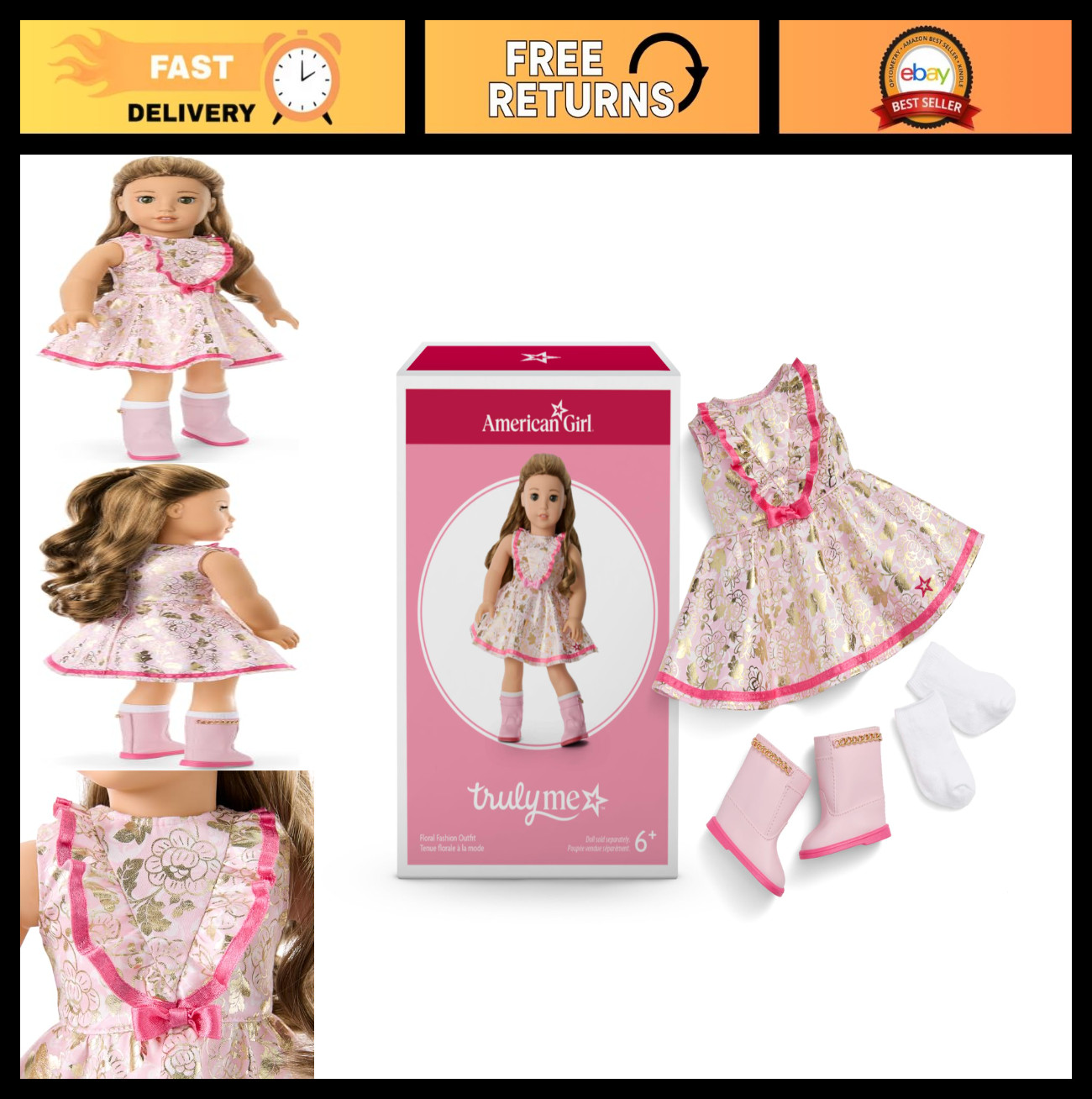 18" Doll Floral Fashion Outfit Set - Ruffled Bodice, Ribbon,