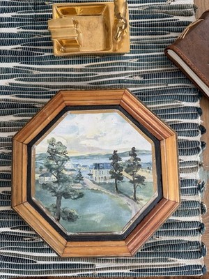 Vintage Mackenzie Childs Ceramic Craned Brass  Footed Aurora Art Trivet Framed