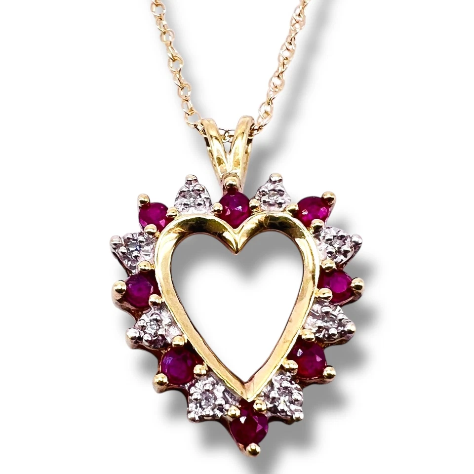 10k Yellow Gold Ruby Diamond Heart Pendant Necklace 2.2g 18" -1398 - Image 4 of 4