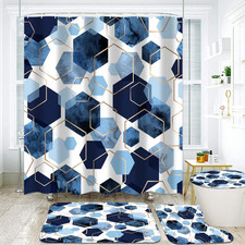 LQCOOL 4Pcs Blue Shower Curtain Set with Rugs Geometric Bathroom Set