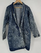 80s Vintage Denim Barn Coat Chore Jacket Long Acid Wash Women’s Medium Pockets