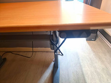 Height Adjustable Standing Desk Light Wood Top Grey Metal Frame Cable Grommets