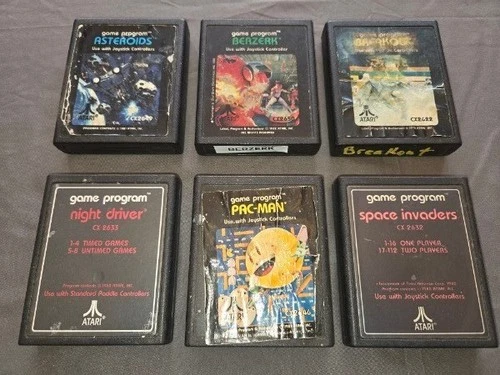 Atari 2600 6 Game Lot Working Asteroids Berzerk Breakout Night Driver Pac-Man