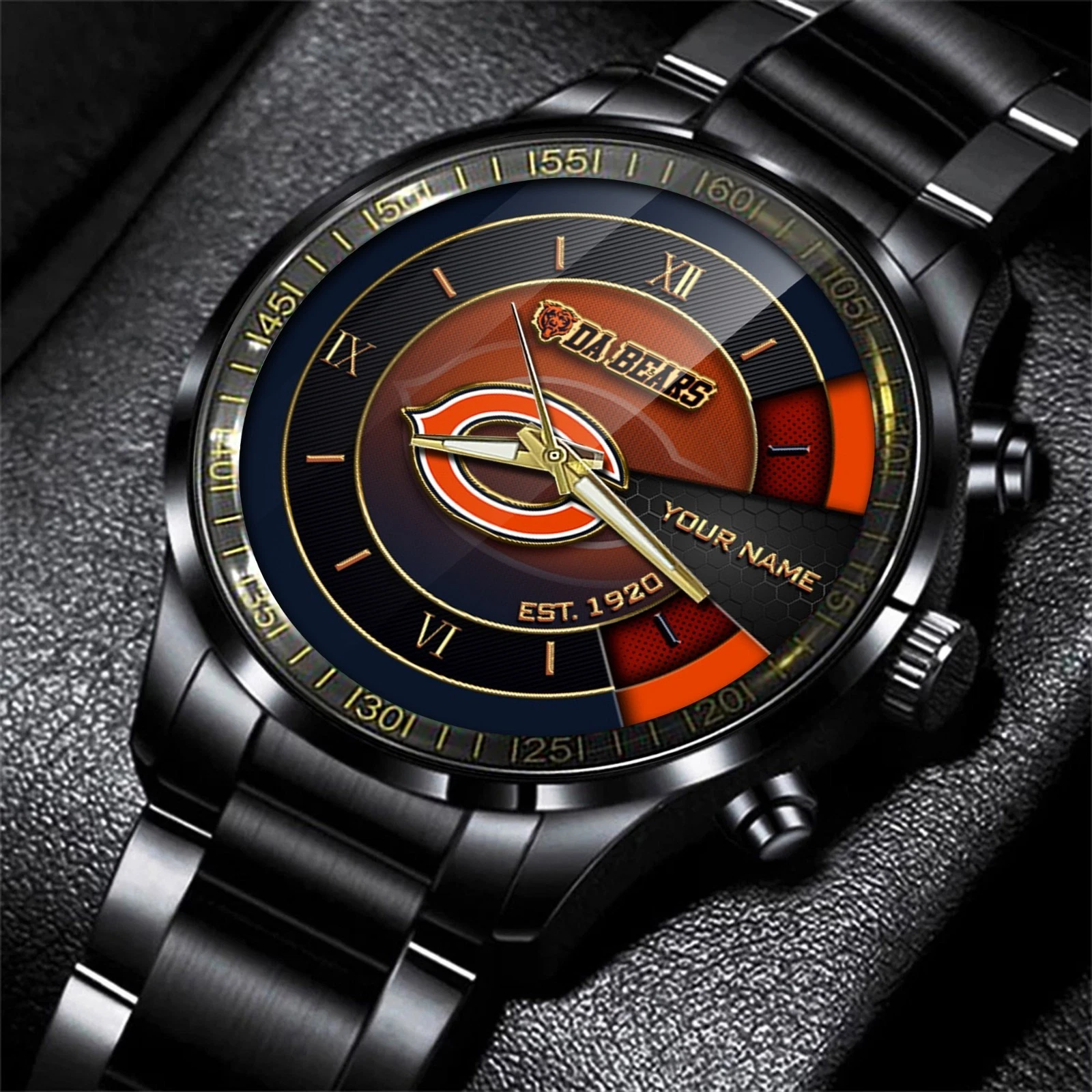 Personalized Chicago Football Bearss Team Men Black Stainless Steel Watch Gift