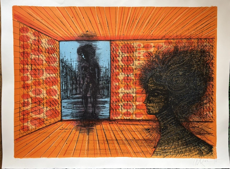 Féminité dans un décor orange 70’s - Jean Carzou Lithographie signée numérotée - Photo 1/4