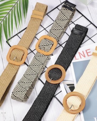 8165 4 Pack Straw Woven Belt Elastic Stretch Rattan Waist Women Skinny Women Straw Woven Belt Elastic Rattan Waist Raffia Stretch  main image 3