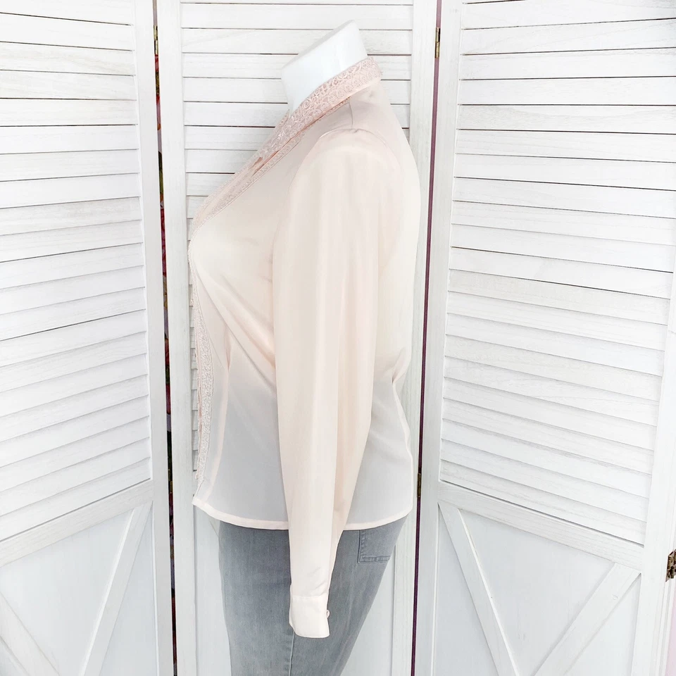 Blusa vintage Kathy Che para mujer 12 pliegues de encaje transparente rosa melocotón delantero Foto 3 de 4