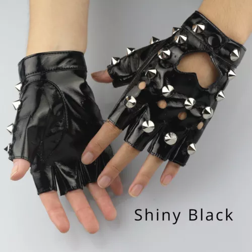 Women Faux Leather Fingerless Gloves Gothic Half Finger Stud Rivet Punk Gloves-- - Picture 10 of 29