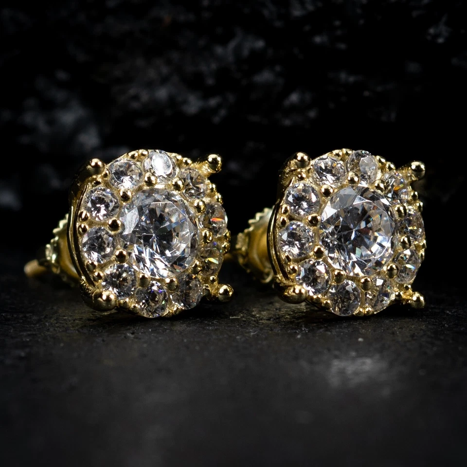 Aretes de plata de ley 925 enchapados en oro de 14K de hip hop con racimo de circonita helada para hombre Foto 2 de 4