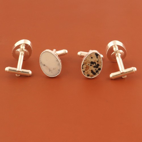 Dendrite Opal Dalmatian Jasper Silver Plated Men's Wear Cufflinks Lot 2 Pairs - Picture 3 of 3