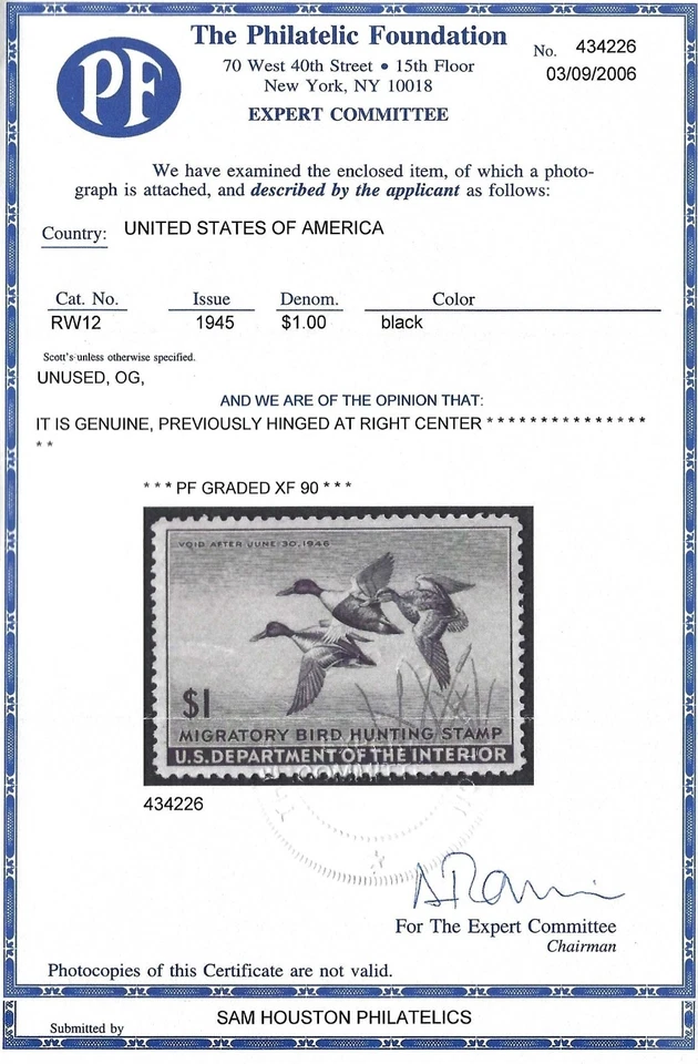 US Scott # RW12 - Mint VLH - PF Graded XF 90 (P-16) - Image 3 of 3