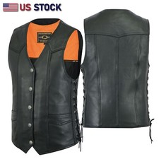 Men Motorcycle Leather Biker Vest Side Lace Pistol Pockets Patch Sew HL11614NKD