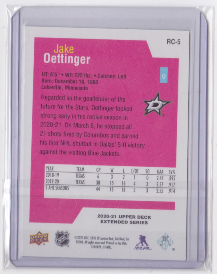 2020-21 EXTENDED SERIES ROOKIE CLASS GOLD /75 JAKE OETTINGER #RC-5 DALLAS STARS - Image 2 of 2