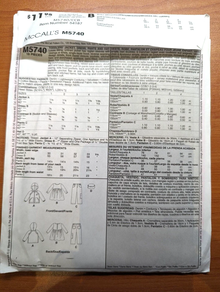 McCall's M5740 Size CCB 1-2-3-4 Toddler Boy Girl Jacket Dress Pants Hat Uncut - Image 2 of 3