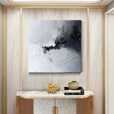 Hand Painted Abstract Gray With White Oil Painting On Canvas Thick Textured