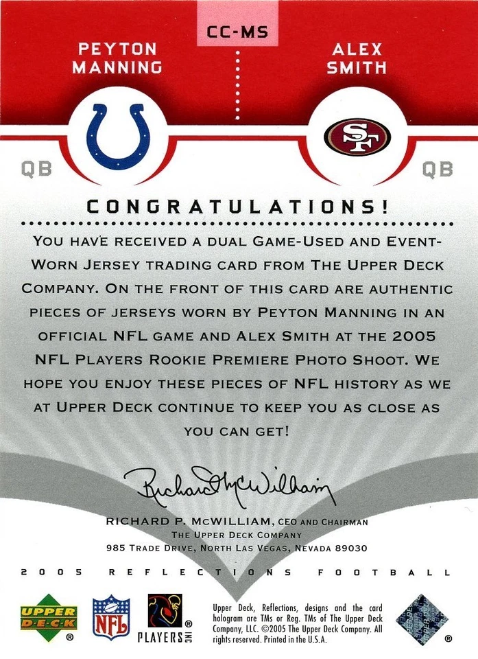 Peyton Manning  Alex Smith 2005 UD Reflections Cut From The Same Cloth GU jersey - Image 2 of 2