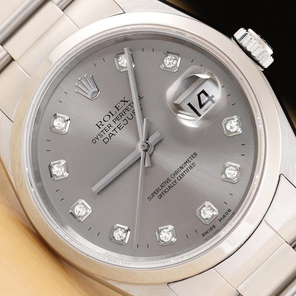 ROLEX MENS DATEJUST 16200 GRAY DIAMOND DIAL STAINLESS STEEL OYSTER 