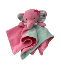 Okie Dokie Elephant Baby Security Blanket Plush Lovey Pink Green 14x14 Satin