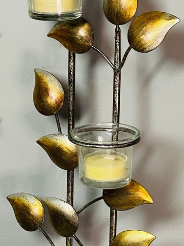 Metal Wall Sconce Leaf Pattern Tealight/Votive Candle Wall Decor w/6 Candles - Picture 10 of 11