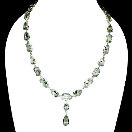 925 Sterling Silver Necklace Oval Green Amethyst 344ct Handmade Gemstone 22in