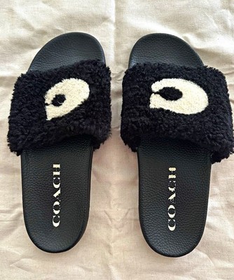 Coach Women s Ulla Shearling Black/White Logo Slide Sandals Slip-On Size 11
