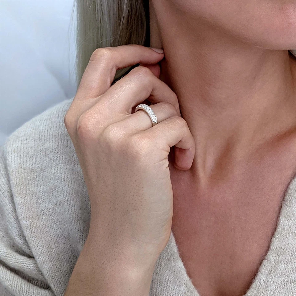 Silverly Anello Donna Argento 925 Zirconia Cubica Spesso Mezza Verretta 3 Linee - Immagine 3 di 4