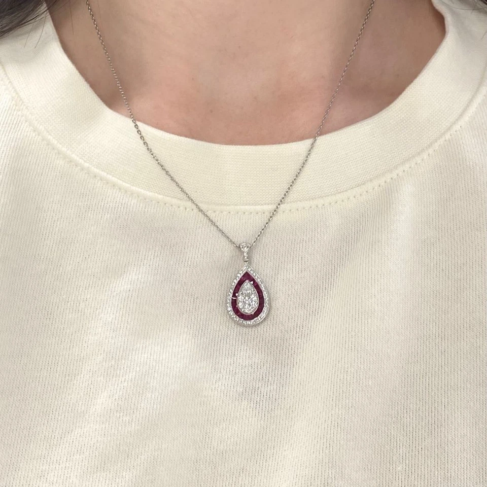 Pingente de presente halo duplo vintage de diamante e rubi cultivado em laboratório em ouro branco 14K FN - Imagem 3 de 4