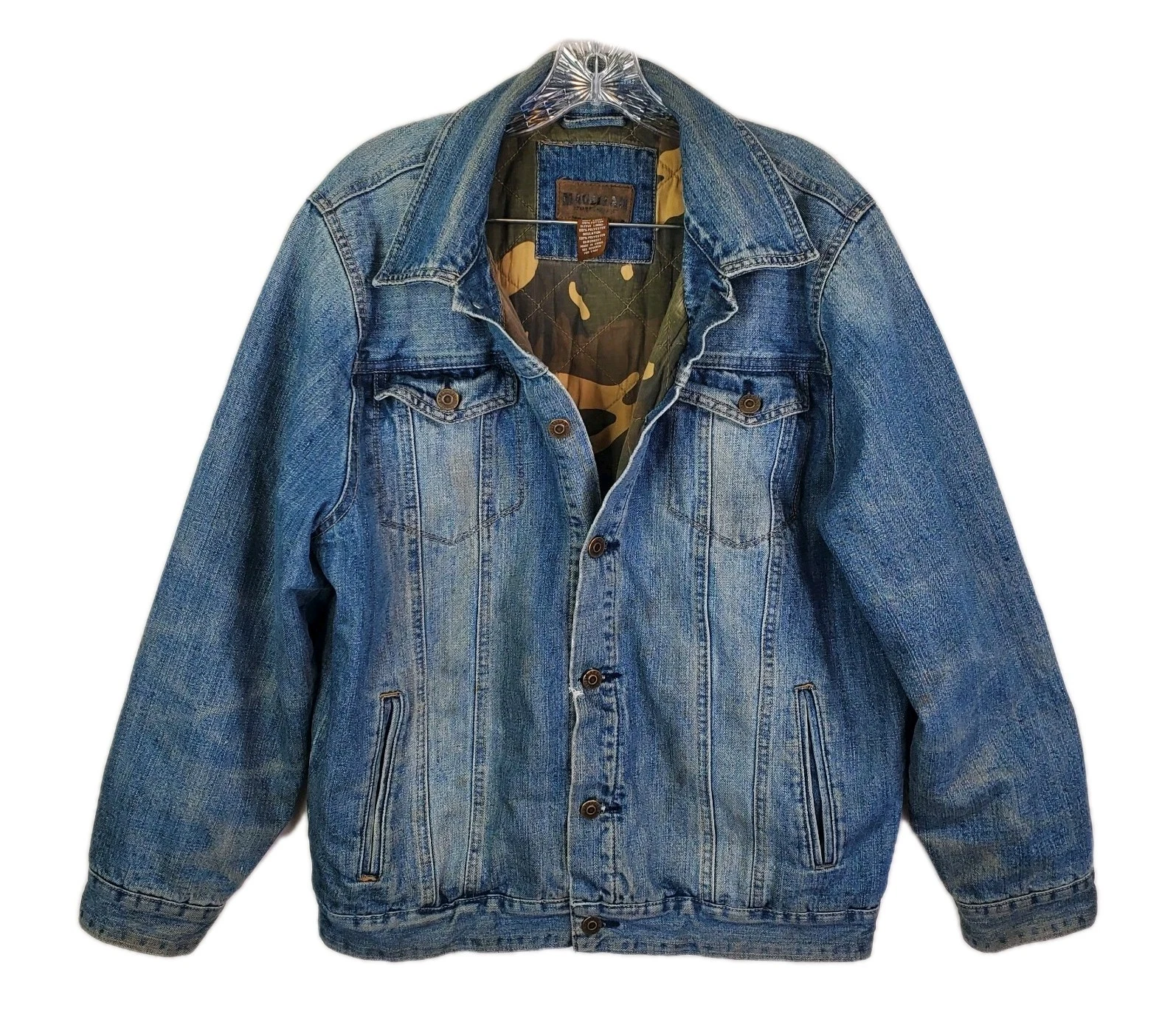 Vtg Magellan Sportswear Camo Quilt Lined Denim Jean Jacket Mens Medium Trucker