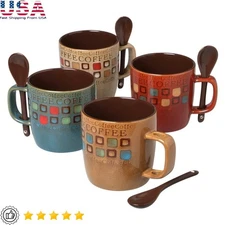 Ceramic Coffee Mug Set W/ Matching Spoons Dishwasher Microwave Safe 8-Piece Set