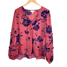 NEW Studio B Bobeau Dark Red & Black Floral Blouse w/ Long Sleeve Split Neck L