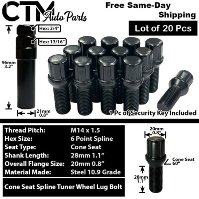 20x Black 14x1.5 Spline Tuner Lug Bolts 28mm Shank Fit EU car Volvo QX30 NSX