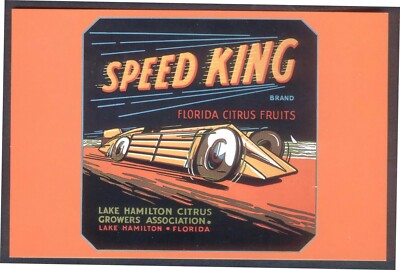 Moderne Postkarte: Repro des Obstkistenetiketts - Marke ''Speed King''. Rennwagen