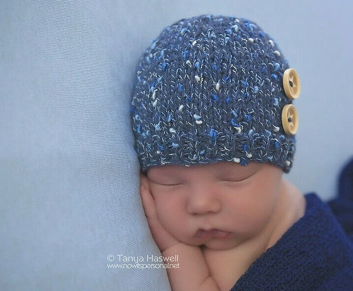 Hand Knitted Baby Hat Beanie Prop Boy Navy Blue Star Button Newborn-12 Months