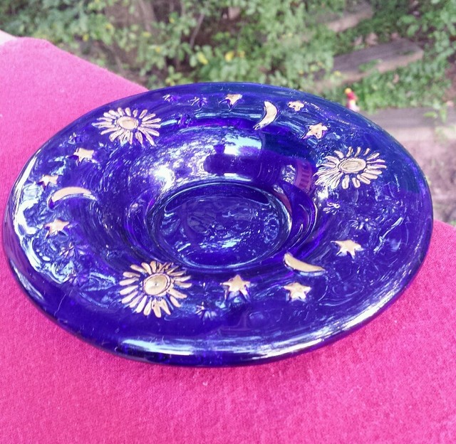 Incense Holder Dish Cobalt Blue Celestial Hand Blown Art Glass