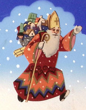 c1915 FRANCE Christmas Postcard Embellished Chevron Stripe St Nicolas Toy Sack