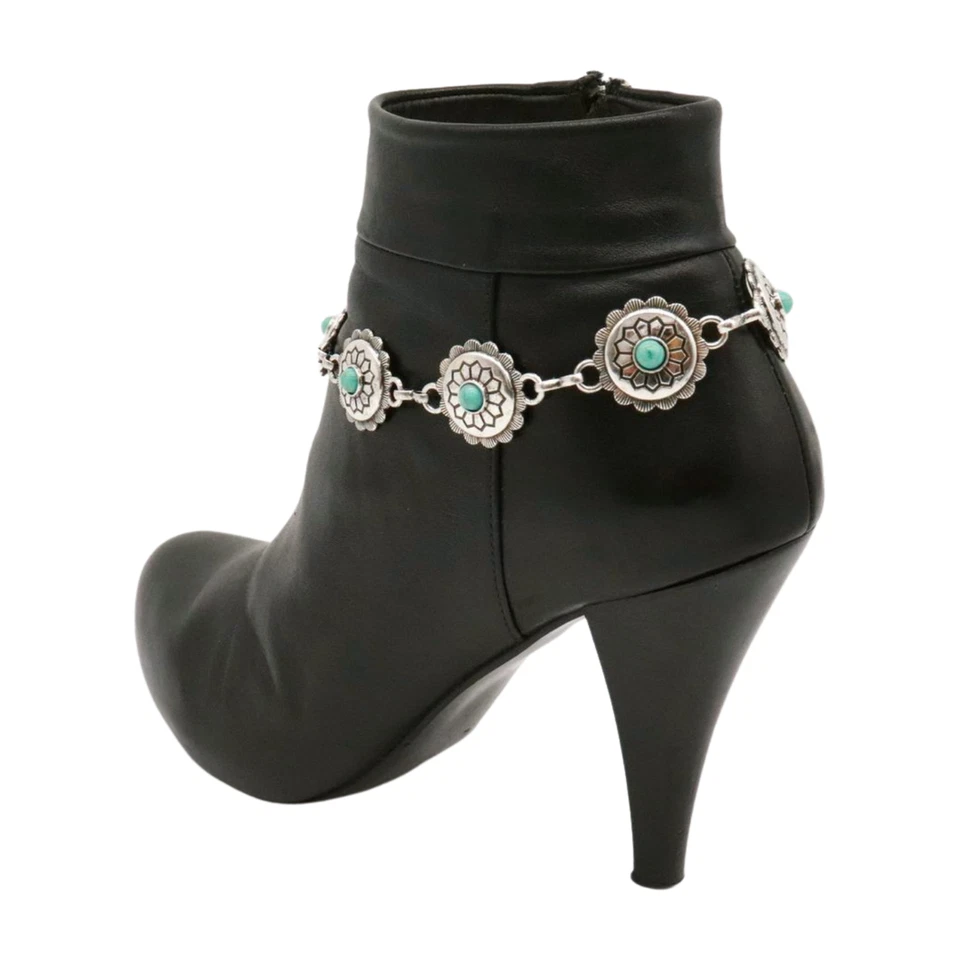 Women Silver Metal Chain Boot Bracelet Shoe Turquoise Blue Flower Charm Jewelry - Imagem 4 de 4
