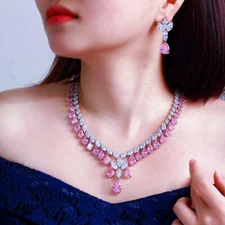 Elegant Cubic Zircon Pink Jewelry Drop Leaf Tennis Costume Necklace Earrings Set