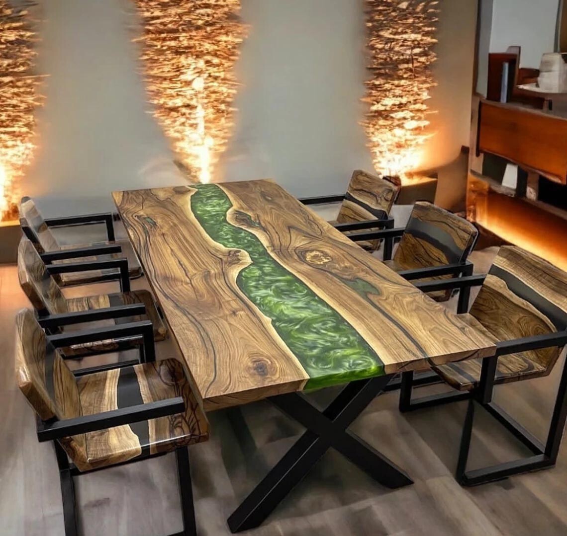 Green epoxy dining table, wood epoxy table, Epoxy dining table, coffee table-image