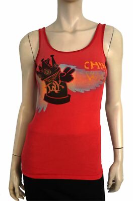 Vintage THE GREAT CHINA WALL sz S Ribbed Red Jersey Tattoo Print Tank Top Small