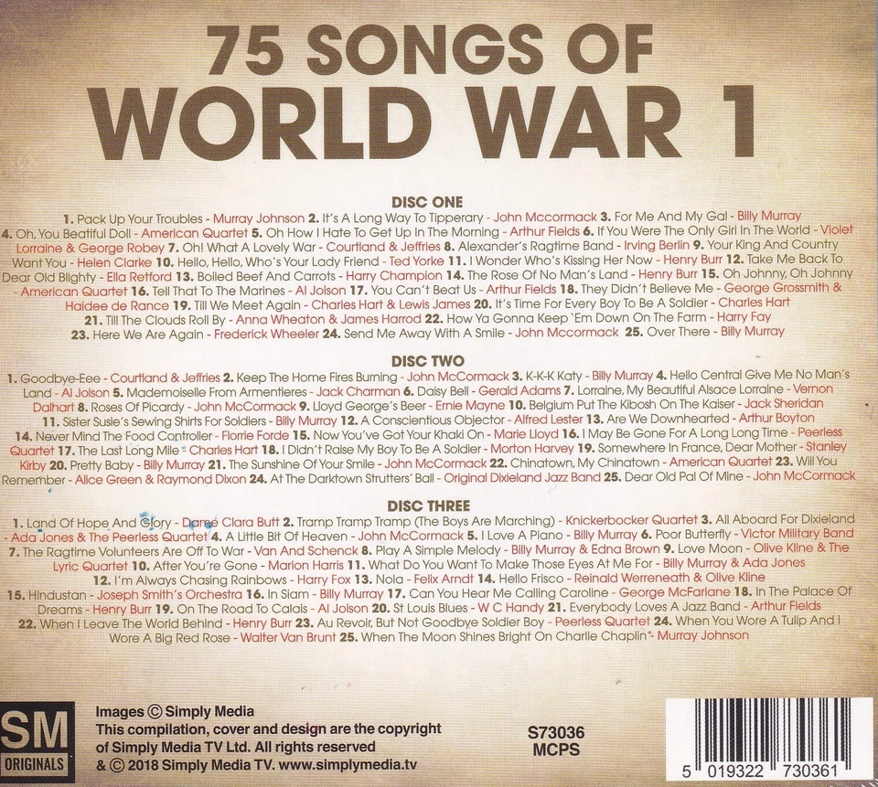1. Weltkrieg Musik 3 CD Box 75 Songs of World War 1 Tolle Zusammenstellung T1682 - Bild 2 von 3