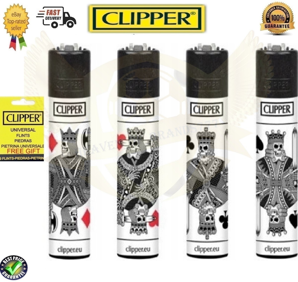 4 x Clipper Lighters B&W SKULLS No.2 Design Full Size