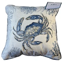 Coastal Collection Crab Beaded Decor Throw Pillow 12”X 12” Beach Ocean Blue