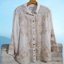 Johnny Was Workshop Devere Ramie Embroidered White Button Down Shirt M 278