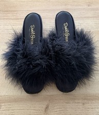 Vintage Boudoir Slippers 1950s Feather Ostrich Black Daniel Green Satin Sz 5