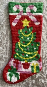 Vintage Colorful Needlepoint 18” Christmas Stocking Tree Presents Candy Canes