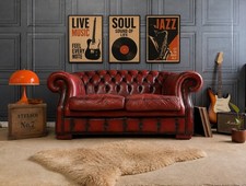 Vintage Genuine ox Blood Red Leather 2 seater Button Chesterfield Sofa Couch