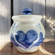 1999 Rowe Pottery Works Salt Glaze Pottery Jar Canister Container Blue Gray VTG